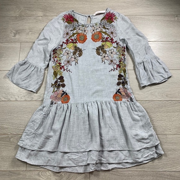 Zara Floral Print Ruffle Skirt Long Sleeve Grey Mini Dress - Picture 2 of 8